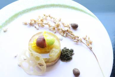 焼き茄子の煮凝り 糸島豚 菊花 蓮根煎餅 新銀杏 零余子 とんぶり