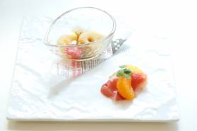アミューズ:蓮根とムール貝のマリネ ~生ハム、みかん、プチバジル~